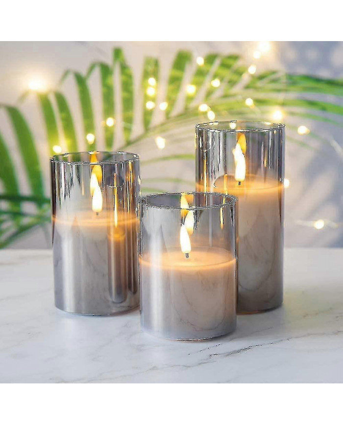 Bougies scintillantes sans flamme en verre gris argenté avec télécommande, 3 pack réalistes led fausses bougies 3 [...]