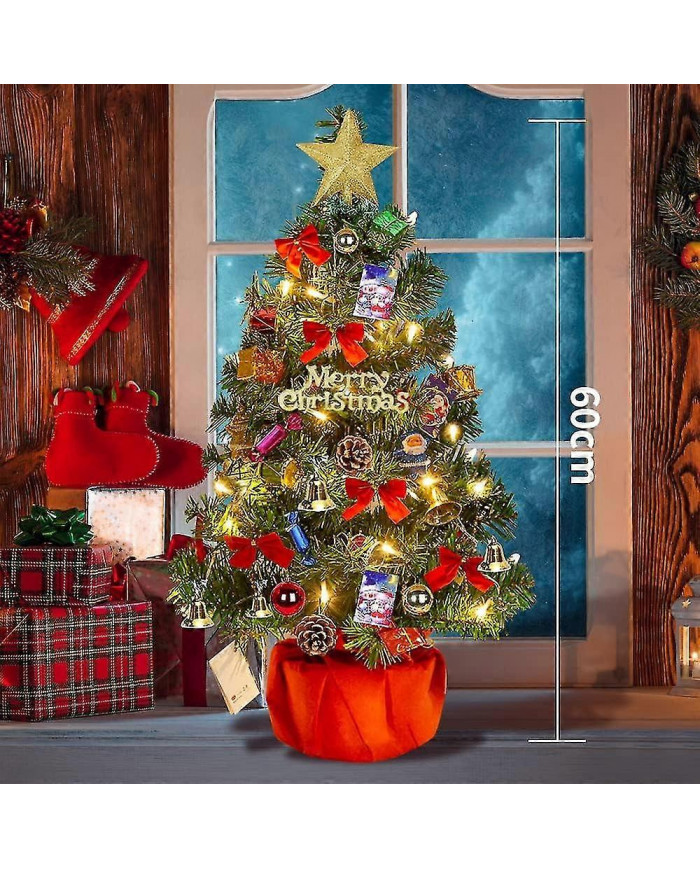 Sapin De Noël 60 Cm, Sapin De Noël Artificiel, Mini Sapin De Noël Avec Guirlande Lumineuse Et Décorations