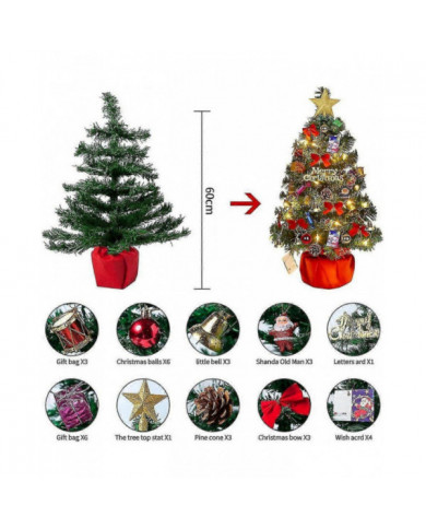 Sapin De Noël 60 Cm, Sapin De Noël Artificiel, Mini Sapin De Noël Avec Guirlande Lumineuse Et Décorations