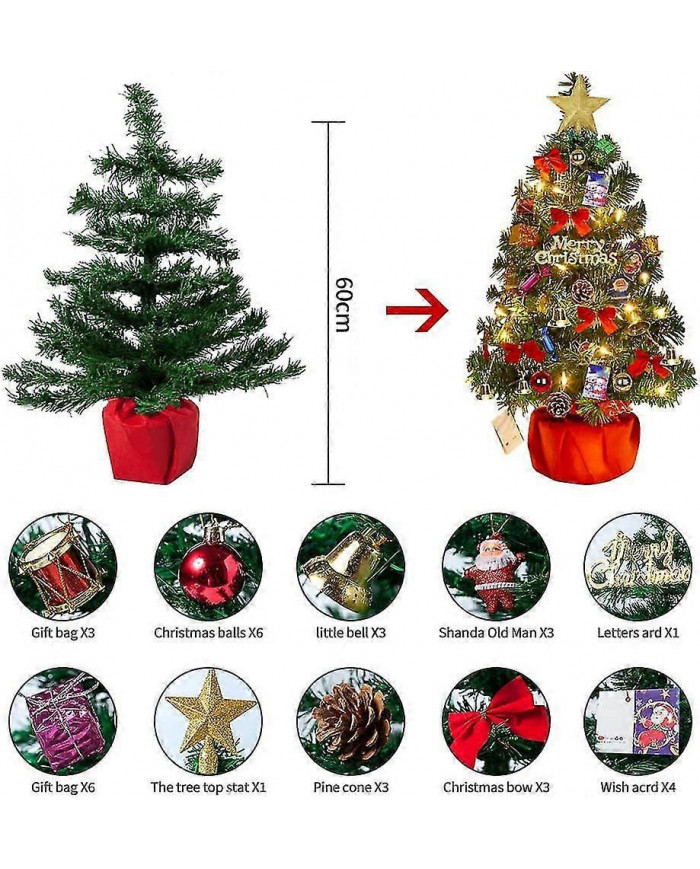 Sapin De Noël 60 Cm, Sapin De Noël Artificiel, Mini Sapin De Noël Avec Guirlande Lumineuse Et Décorations