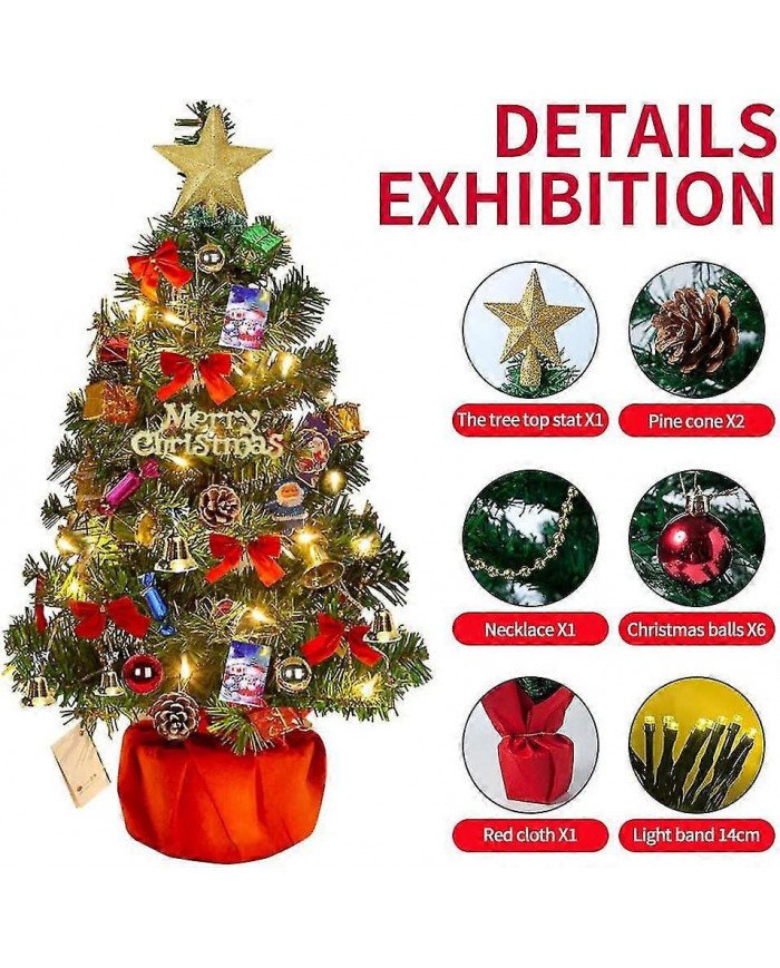 Sapin De Noël 60 Cm, Sapin De Noël Artificiel, Mini Sapin De Noël Avec Guirlande Lumineuse Et Décorations