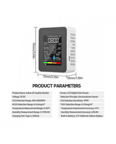 Détecteur de gaz cinq en un avec écran couleur à écran numérique LCD Détecteur de dioxyde de carbone (batterie [...]