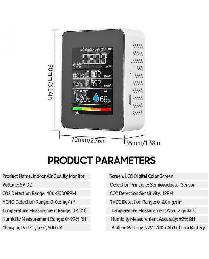 Détecteur de gaz cinq en un avec écran couleur à écran numérique LCD Détecteur de dioxyde de carbone (batterie [...]