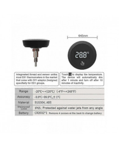 Thermomètre pour machines à café du groupe E61 Surveillance de précision Lumière de fond tactile