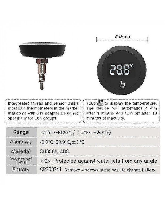 Thermomètre pour machines à café du groupe E61 Surveillance de précision Lumière de fond tactile