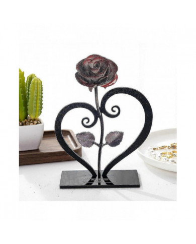 Cadeau en fer forgé forgé à la main Rose en métal rouge avec support en forme de cœur
