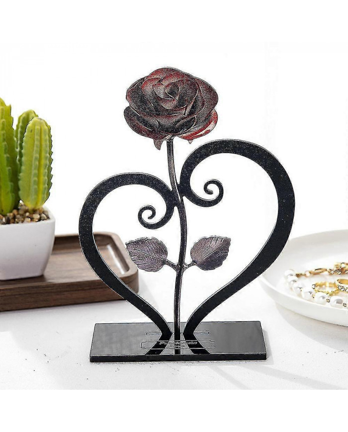 Cadeau en fer forgé forgé à la main Rose en métal rouge avec support en forme de cœur