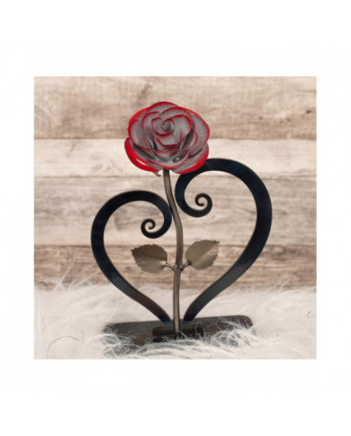 Cadeau en fer forgé forgé à la main Rose en métal rouge avec support en forme de cœur