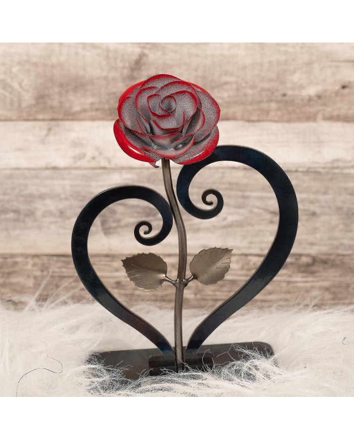 Cadeau en fer forgé forgé à la main Rose en métal rouge avec support en forme de cœur