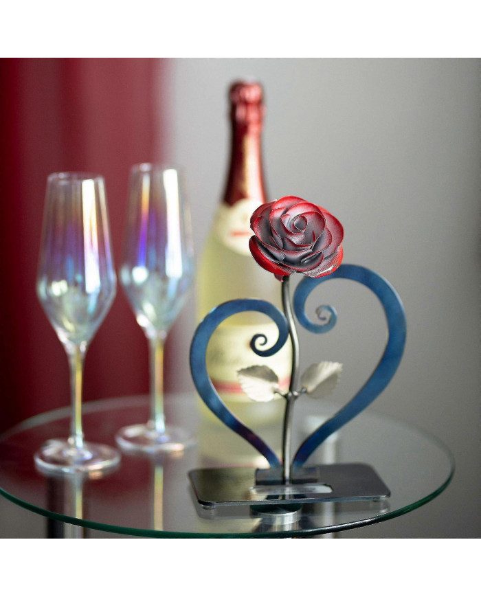Cadeau en fer forgé forgé à la main Rose en métal rouge avec support en forme de cœur