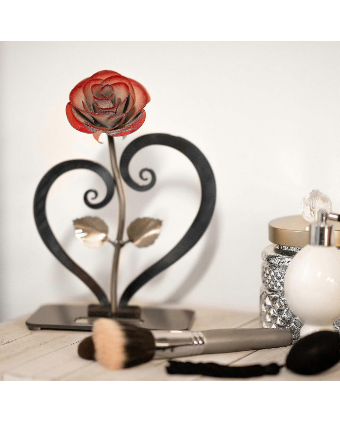 Cadeau en fer forgé forgé à la main Rose en métal rouge avec support en forme de cœur