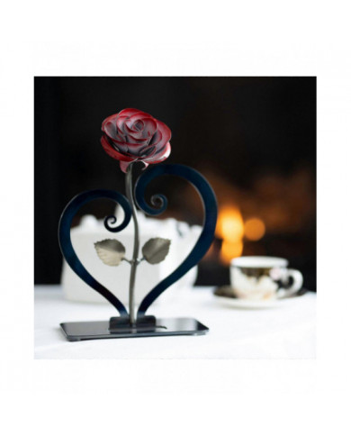 Cadeau en fer forgé forgé à la main Rose en métal rouge avec support en forme de cœur