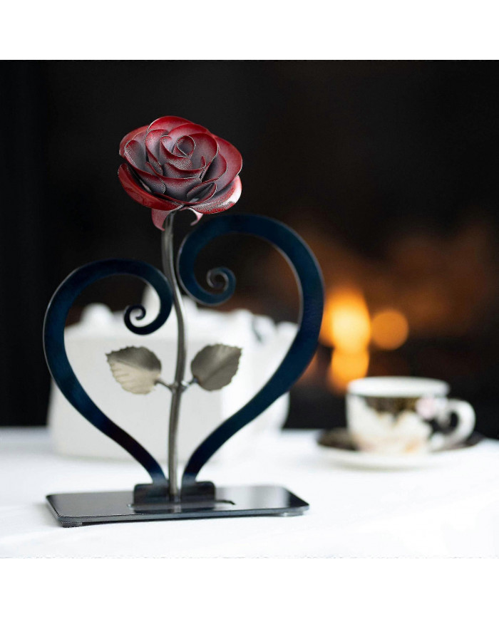 Cadeau en fer forgé forgé à la main Rose en métal rouge avec support en forme de cœur