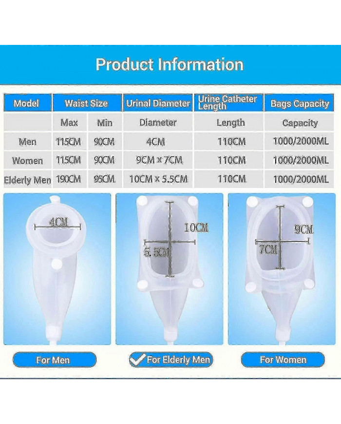 Collecteur d’urine en silicone, 3 types avec 2 sacs de cathéter d’urine pour homme âgé