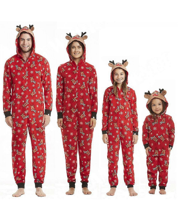 Famille Matching Elk Imprimé Pyjamas Onesie Jumpsuit Noël Hooded Sleepwear Adult Kids