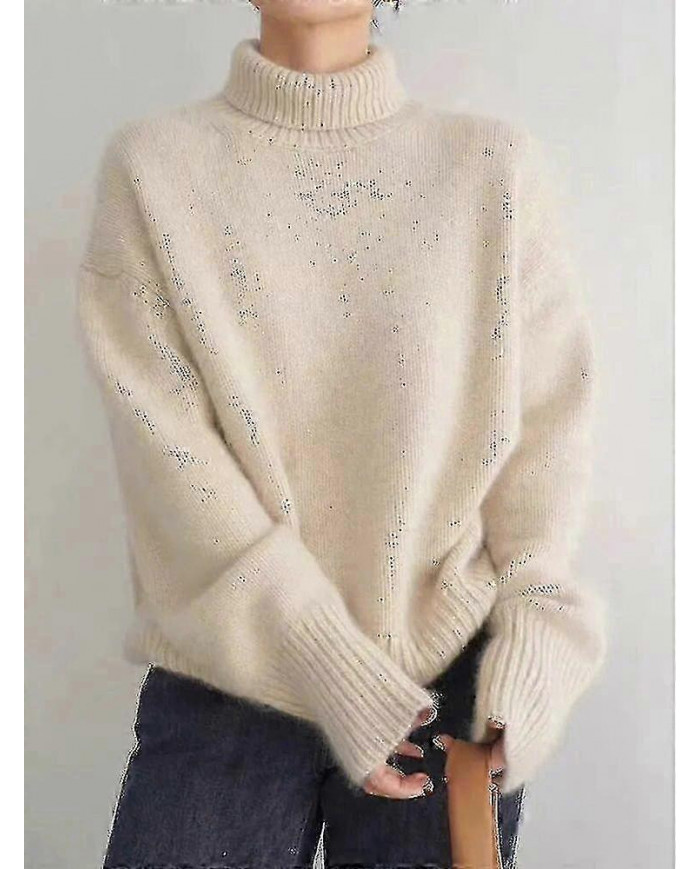 Pull Cachemire Col Roulé 100% Pure Laine Pull Dames Tricot Lâche Pull Femme Automne/hiver