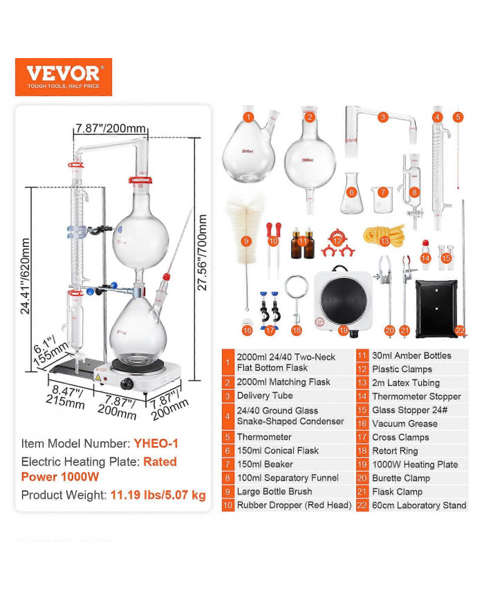 Kit de distillation d’huiles essentielles, appareil de distillation de 2000 ml, kit de distillation de verrerie [...]