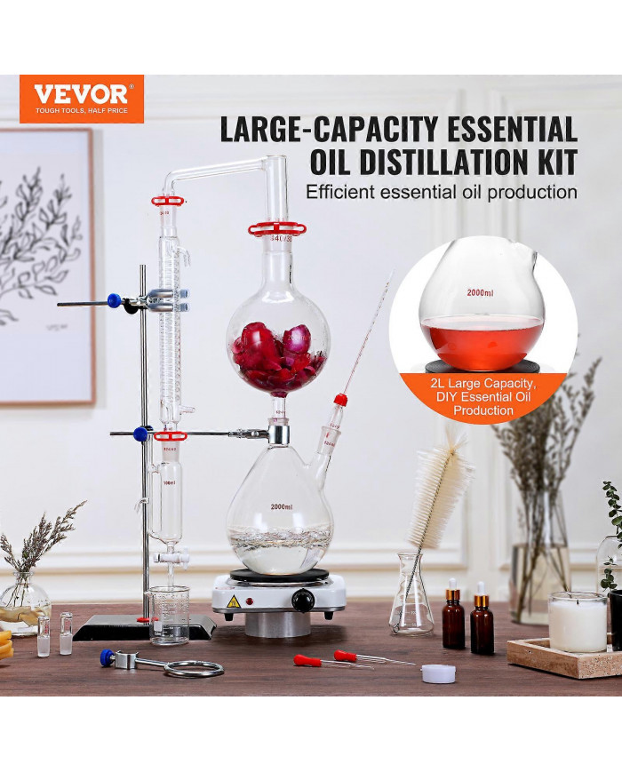 Kit de distillation d’huiles essentielles, appareil de distillation de 2000 ml, kit de distillation de verrerie [...]