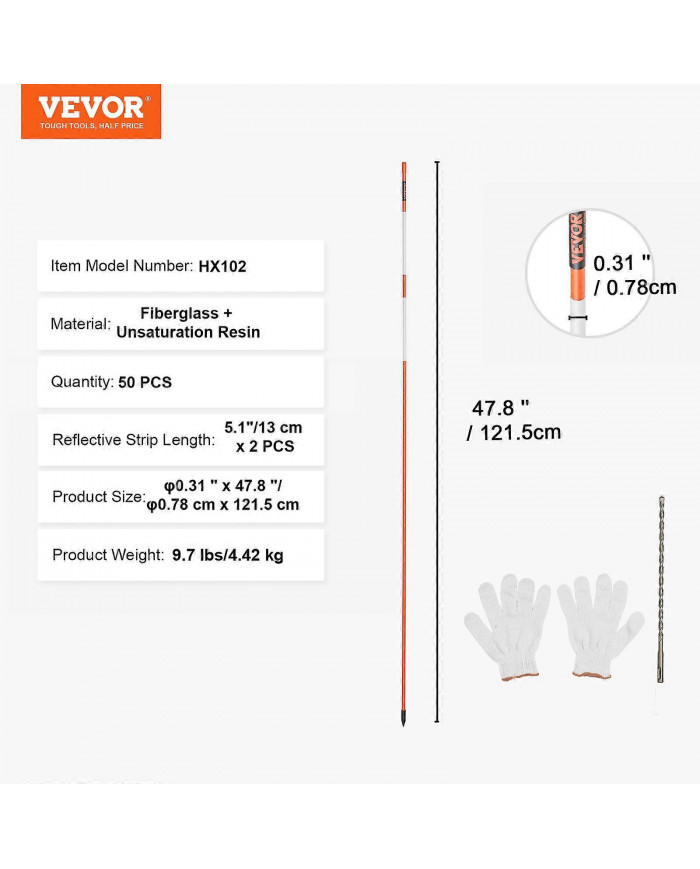 Marqueurs d’allée, 50 PCS 48 pouces, 0,4 pouce de diamètre, poteaux en fibre de verre orange piquets à neige avec [...]
