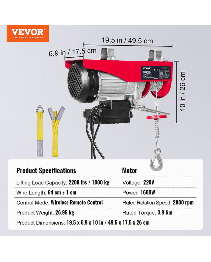 Palan électrique, capacité de levage de 2200 lb, treuil électrique en fil d’acier 1600W 220V avec télécommande [...]