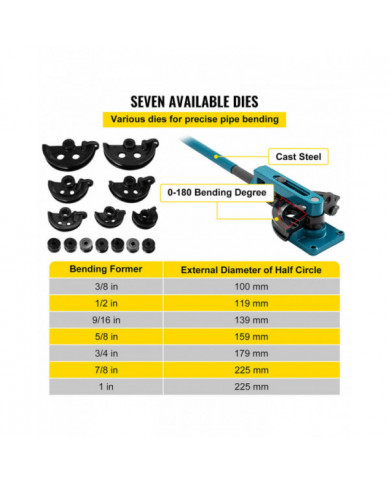 Cintreuse manuelle de tube de tube en acier 10/12/14/16/19/22/25mm 7dies