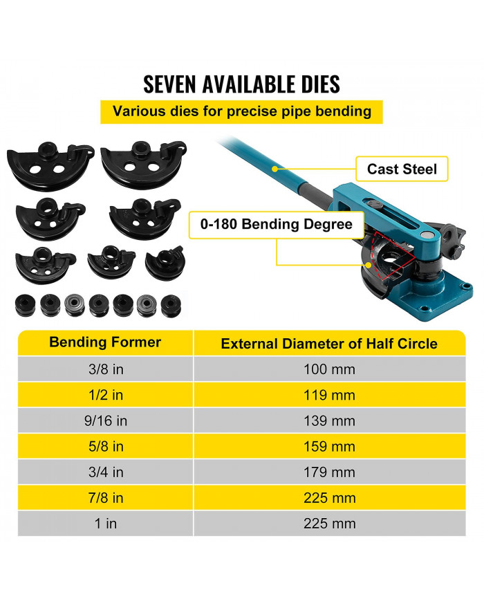 Cintreuse manuelle de tube de tube en acier 10/12/14/16/19/22/25mm 7dies