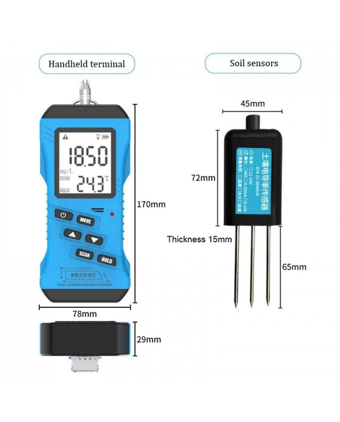 Testeur de sol 7 en 1 pour pH, EC, NPK, humidité, température | Écran LCD | Protocole Modbus