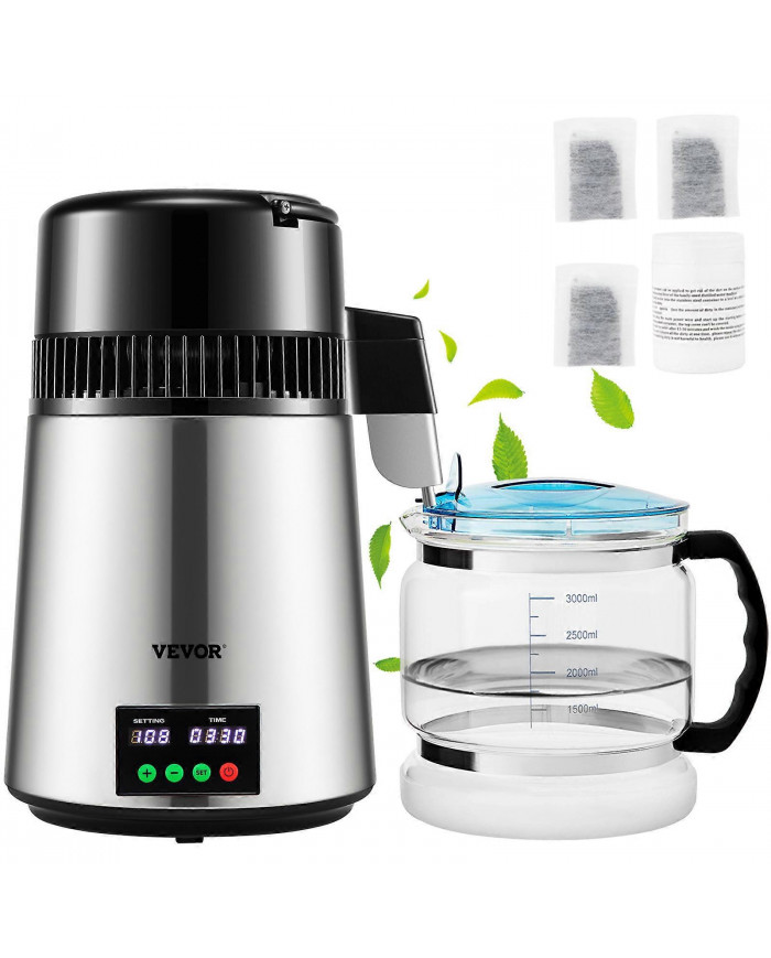 Distillateur d’eau 4L 1L/H Dessalinisateur distillé Affichage du temps et de la température Argent