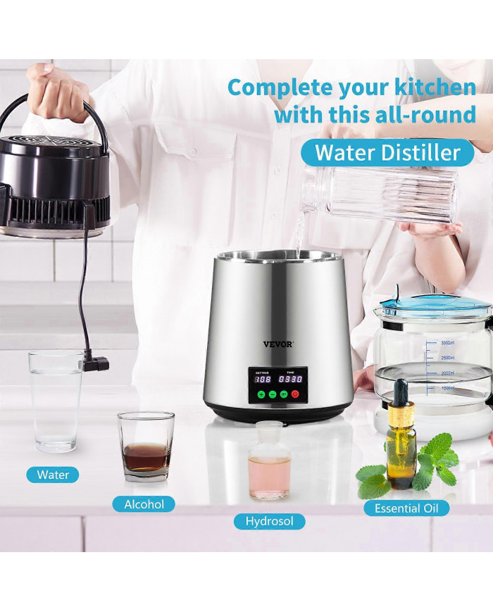 Distillateur d’eau 4L 1L/H Dessalinisateur distillé Affichage du temps et de la température Argent