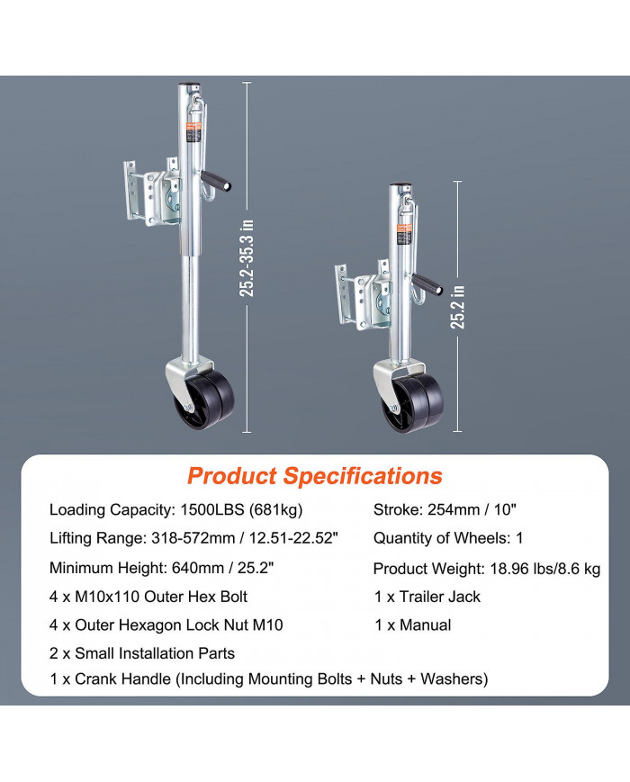 Cric de remorque, cric de remorque de bateau 35,3 po, cric de languette de remorque boulonné Capacité de poids [...]