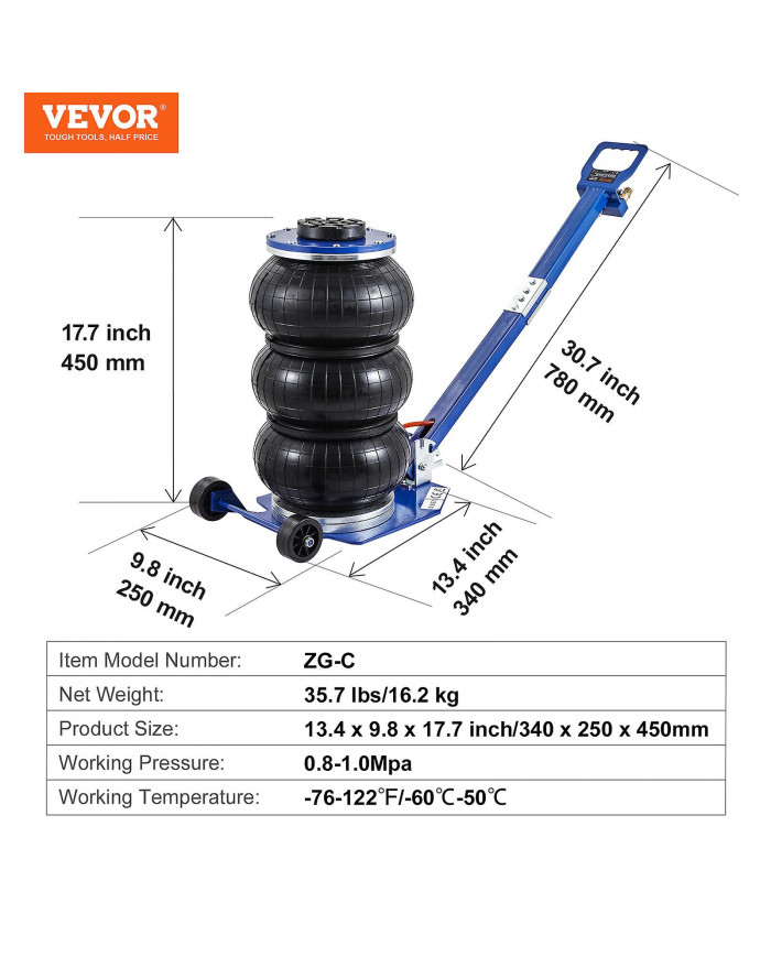 Air Jack, 3 tonnes/6600 lbs Triple sac Air Jack 17.7 », 3-5 S Fast Lifting Pneumatic Jack
