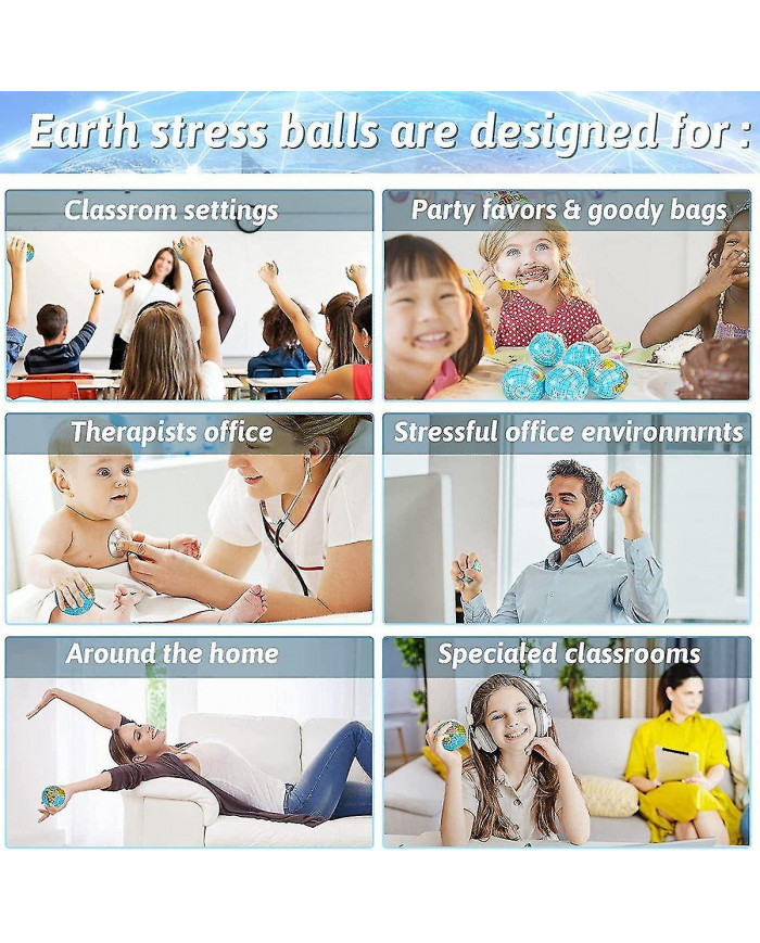 20 Pack Earth Stress Balls, 2,5 pouces Earth Theme Squeeze Balls, stress Relief Balls Squeeze Anxiety