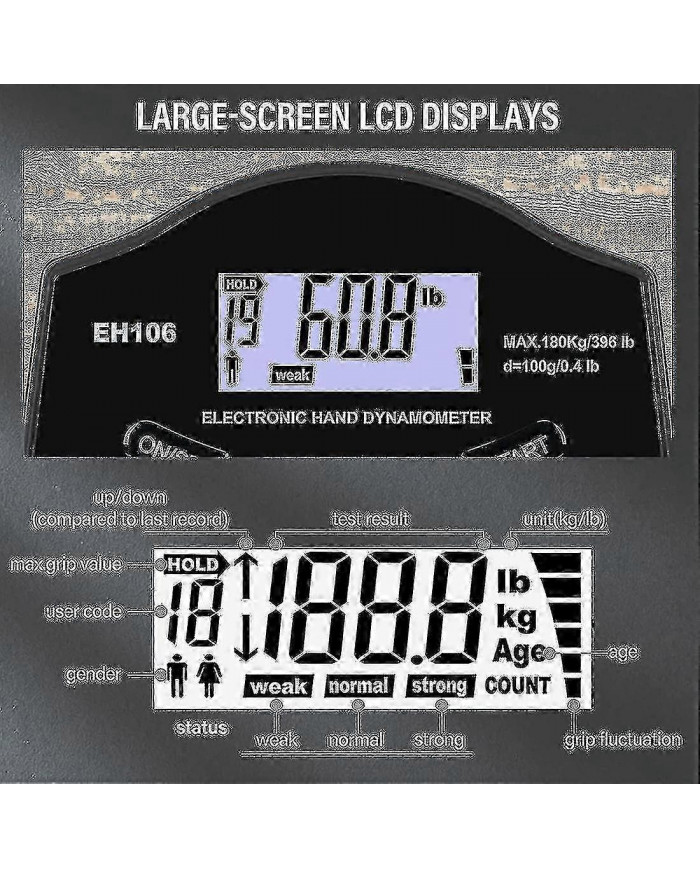 Caraele Grip Strength Tester, 396lbs / 180kg Digital Hand Dynamometer Grip Strength Meter Usb Lcd Screen Hand