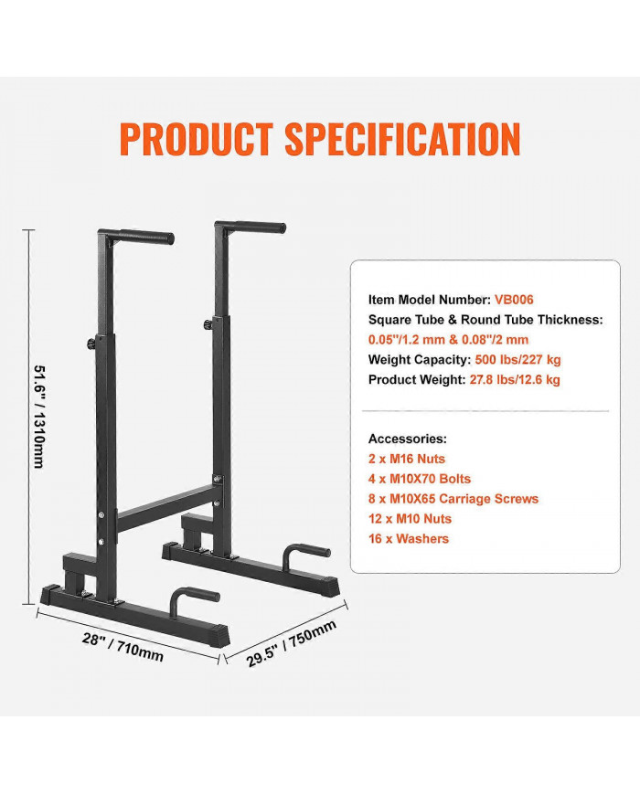 Dip Bar, capacité de 500 lb, station de dips à hauteur réglable, barres parallèles pour la musculation à domicile