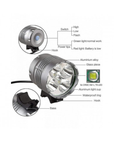 Lumières de vélo, lumière de vélo 6000 Lumens 5 LED, lumière avant de vélo de montagne étanche avec rechargeable
