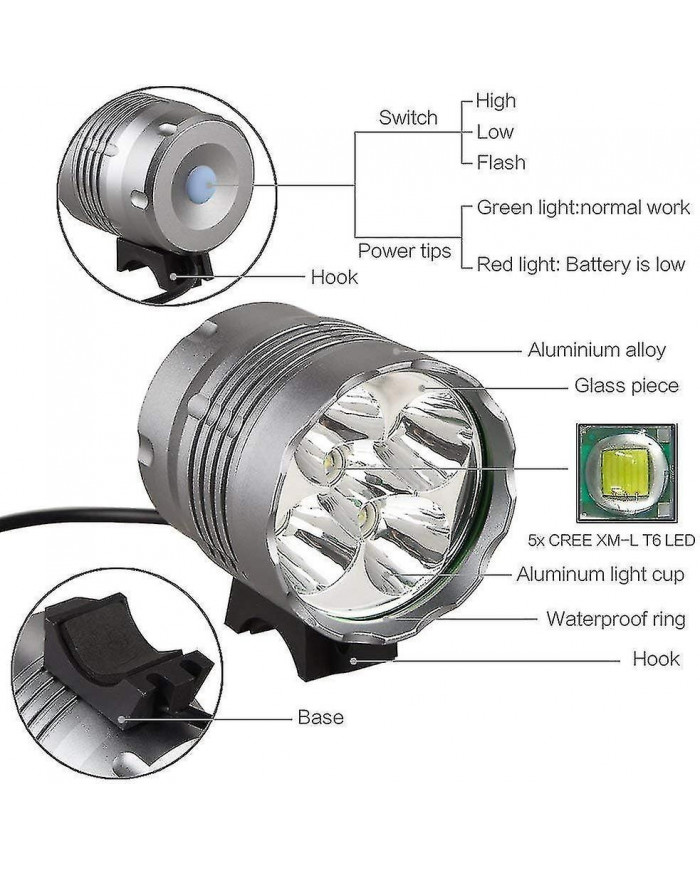 Lumières de vélo, lumière de vélo 6000 Lumens 5 LED, lumière avant de vélo de montagne étanche avec rechargeable