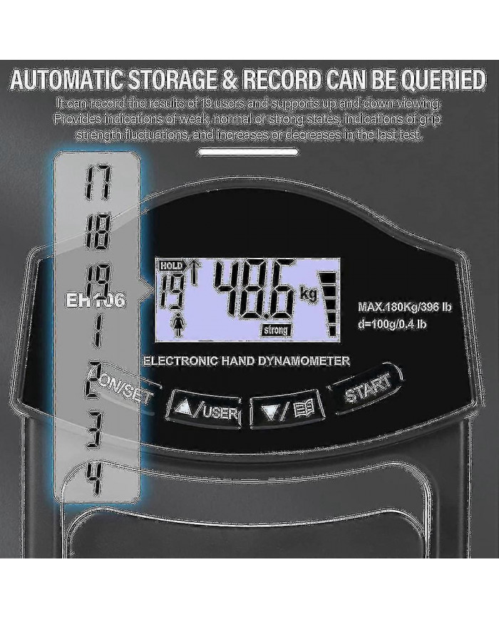 Testeur de force de préhension, 396lbs / 180kg Digital Hand Dynamometer Grip Strength Meter Usb Lcd Screen Hand