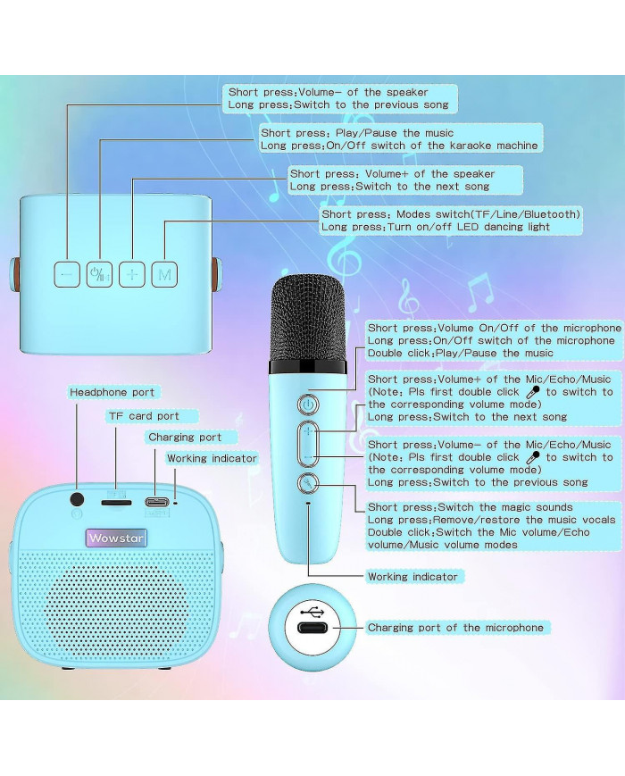 Machine de karaoké pour enfants avec 2 microphones sans fil, machine de karaoké portable avec Bluetooth pour [...]