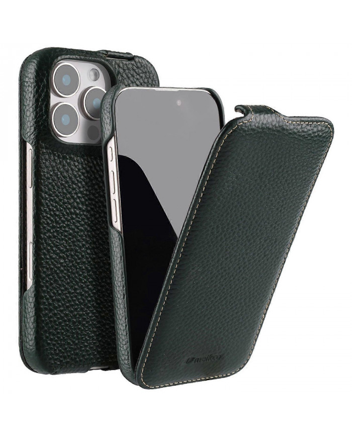 MELKCO Pour iPhone 16 Pro Max Étui Magnétique Vertical Flip Cuir de Vache Véritable + Couverture Antichoc PC - G