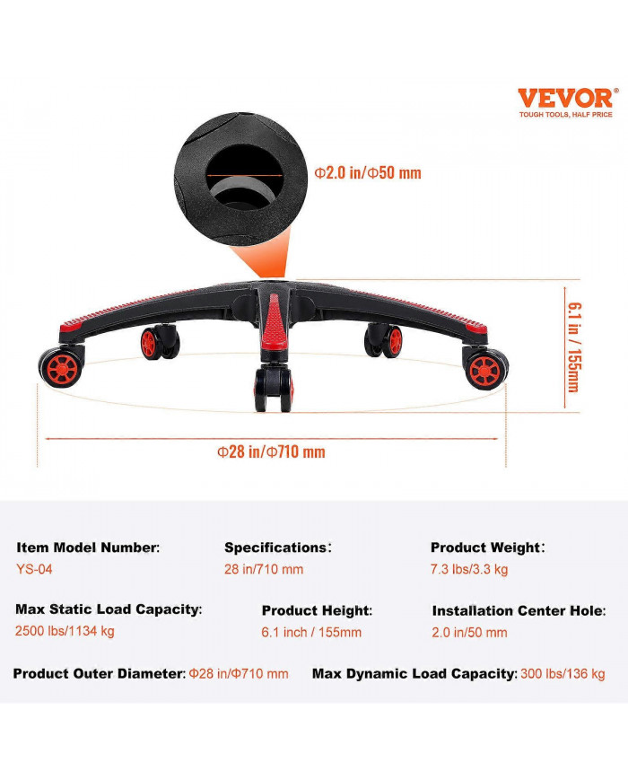 Remplacement de la base de la chaise de bureau, 28", 2500 lb charge statique, avec 5 roulettes et pieds renforcés, [...]