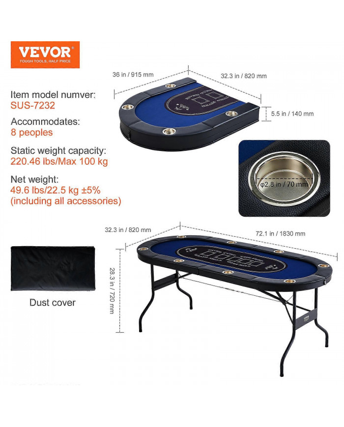 Table de poker pliable pour 8 joueurs, table de poker Blackjack Texas Holdem avec rails rembourrés et porte- [...]
