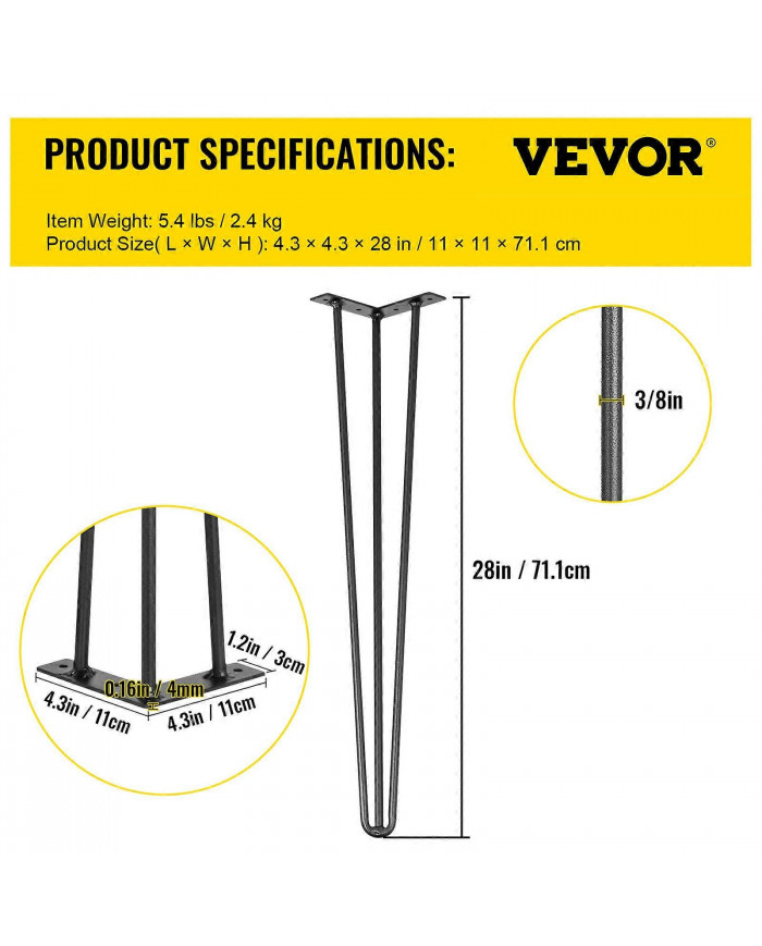 4 pieds en épingle à cheveux Ensemble de pieds en épingle à cheveux pour meuble Bureau Table 28" en acier au carbone