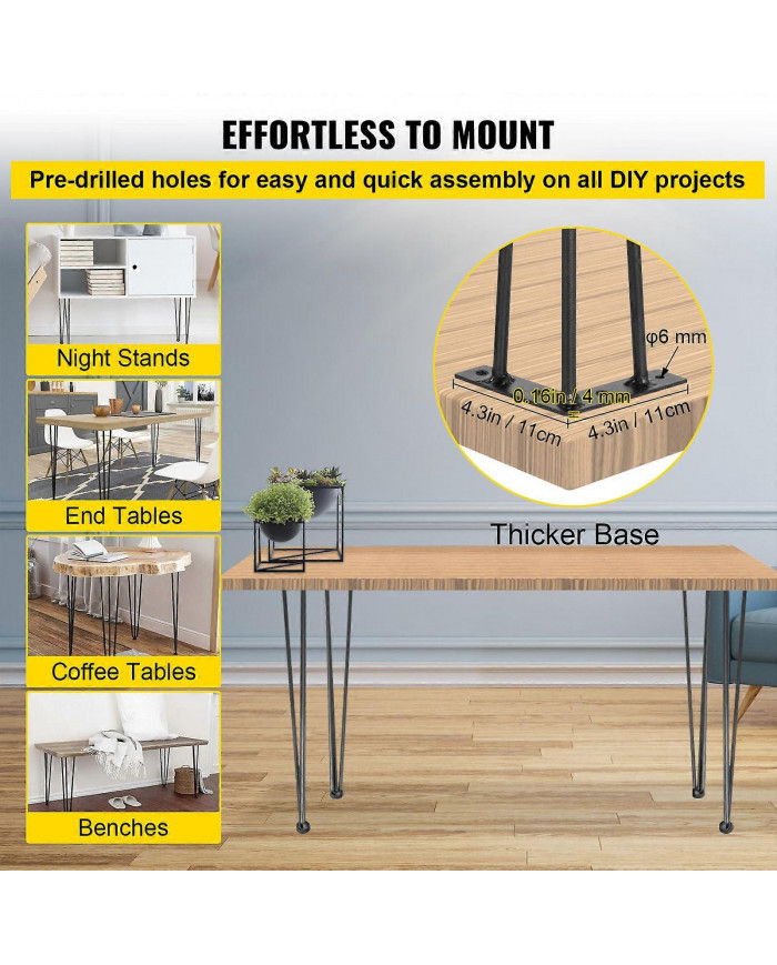 4 pieds en épingle à cheveux Ensemble de pieds en épingle à cheveux pour meuble Bureau Table 28" en acier au carbone