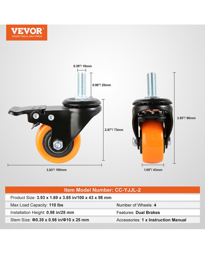 Roues pivotantes, 2 pouces, ensemble de 4, capacité de charge de 110 lb, roulettes pivotantes sans bruit pour [...]