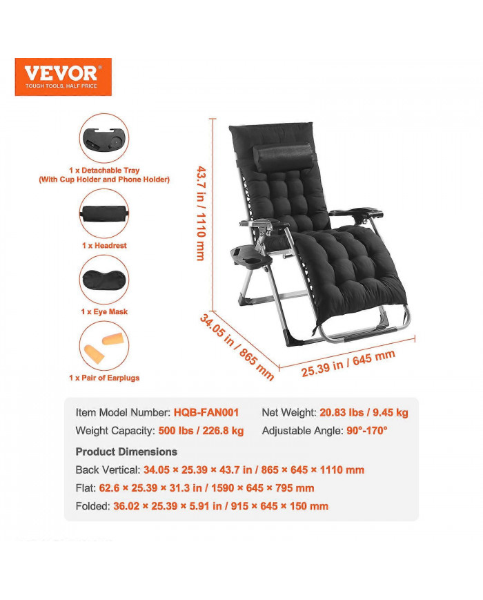 Chaise Zero Gravity, 26 pouces, chaise anti-gravité réglable avec coussin, appui-tête, repose-pieds et porte- [...]