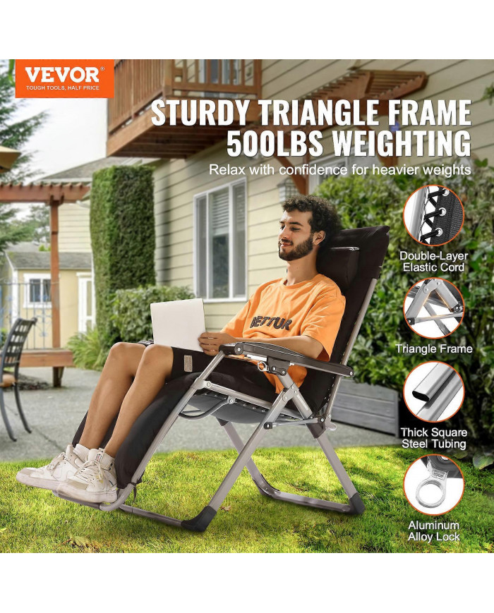 Chaise Zero Gravity, 26 pouces, chaise anti-gravité réglable avec coussin, appui-tête, repose-pieds et porte- [...]