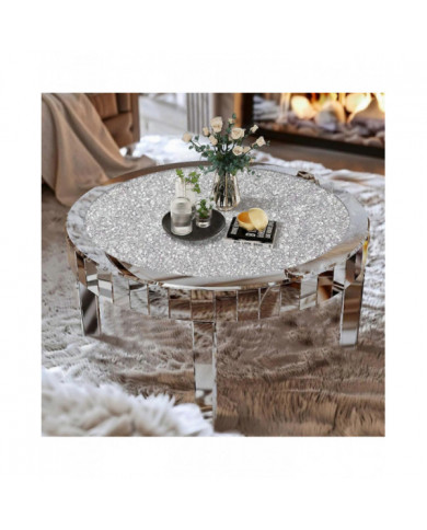 Grande table basse ronde moderne en miroir biseauté Bling Crushed Diamond End Table