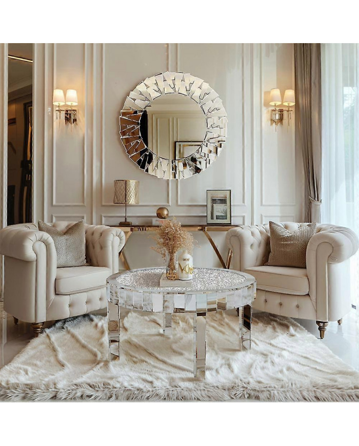 Grande table basse ronde moderne en miroir biseauté Bling Crushed Diamond End Table