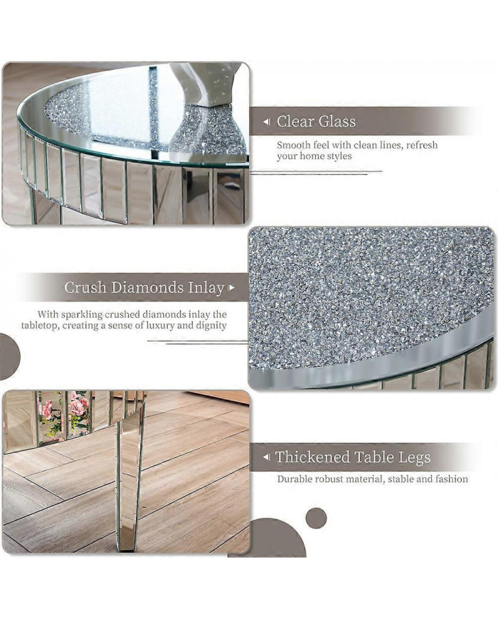 Grande table basse ronde moderne en miroir biseauté Bling Crushed Diamond End Table