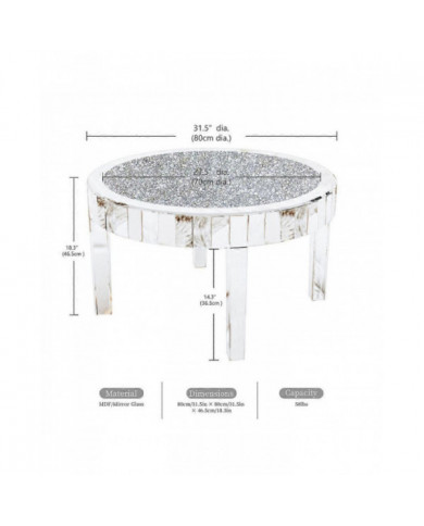 Grande table basse ronde moderne en miroir biseauté Bling Crushed Diamond End Table